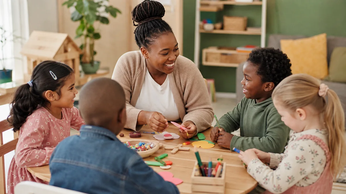 A children’s ministry leader guiding children in a creative activity
